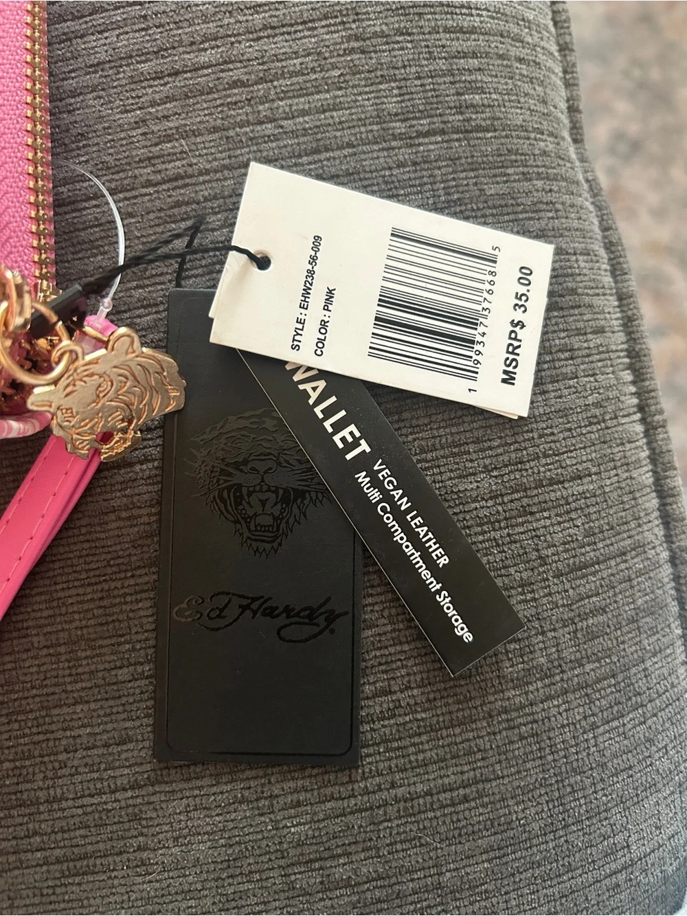 Ed Hardy pink double zip wristlet wallet with rhinestone accents